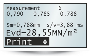 HMP LFG4 - display print out the measuring result, Evd-value, individual settlement amplitudes, average settlement Sm, path/speed ratio s/v