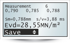 HMP LFG4 - display save measuring result, Evd-value, individual settlement amplitudes, average settlement Sm, path/speed ratio s/v