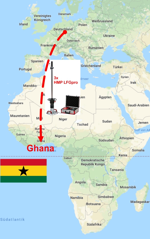 3 Leichte Fallgewischtgeräte HMP LFGpro über Dubai nach Ghana, Afrika