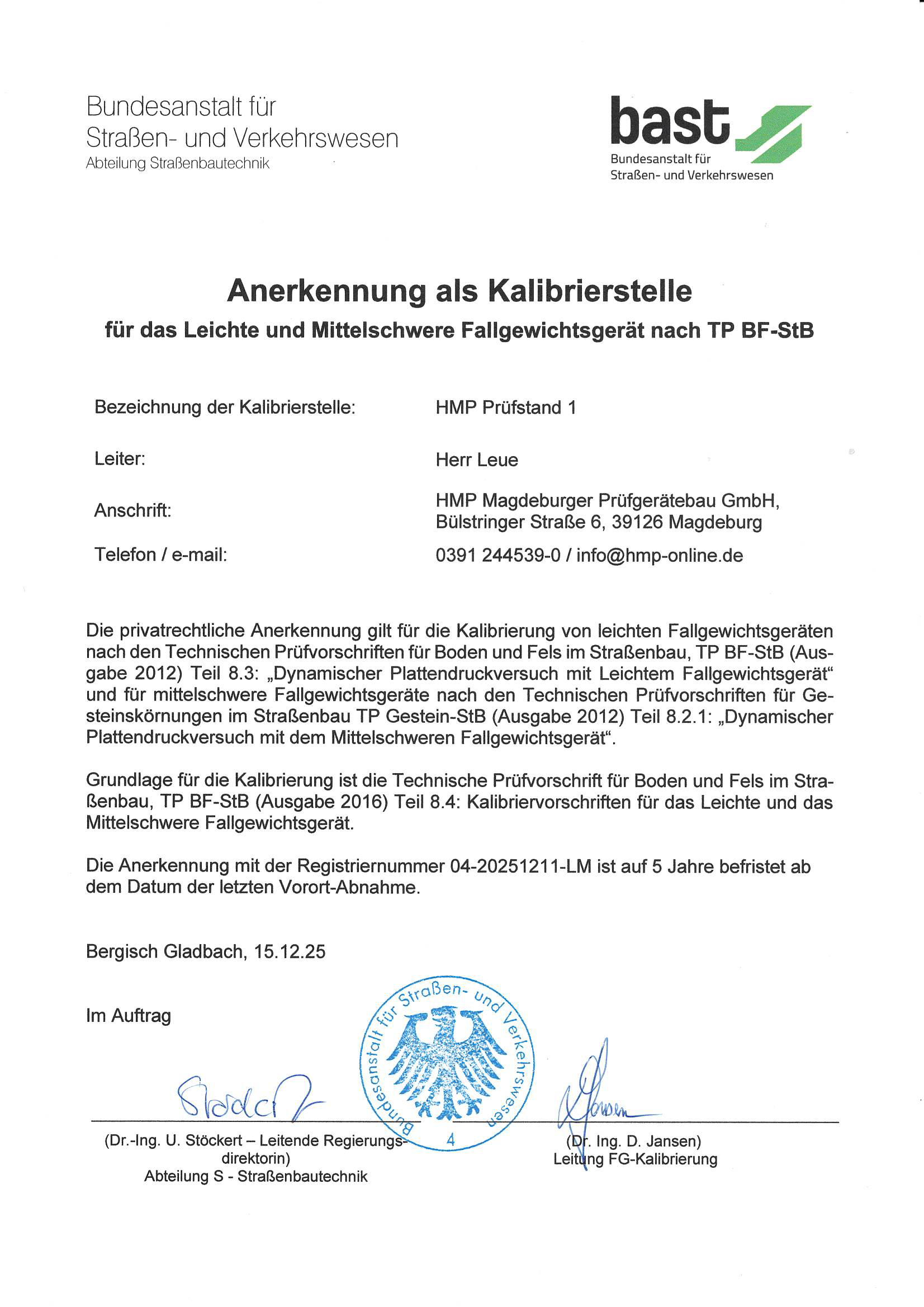 Recertificaci&oacute;n BaSt (Instituto Federal de Carreteras de Alemania) 