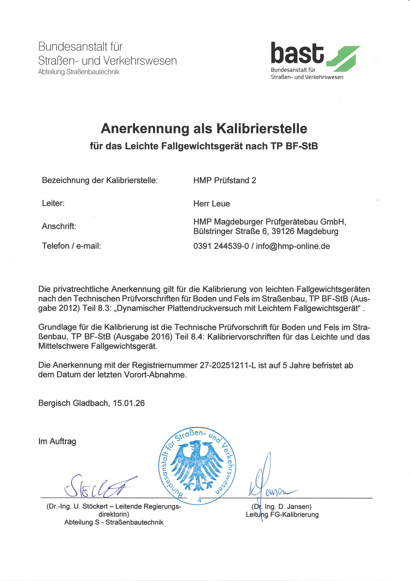 Recertificaci&oacute;n BaSt (Instituto Federal de Carreteras de Alemania)