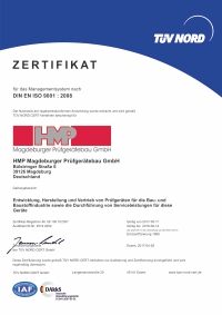 HMP QM, TÜV Zertifikat DIN EN ISO 9001:2008 bis 09-2018