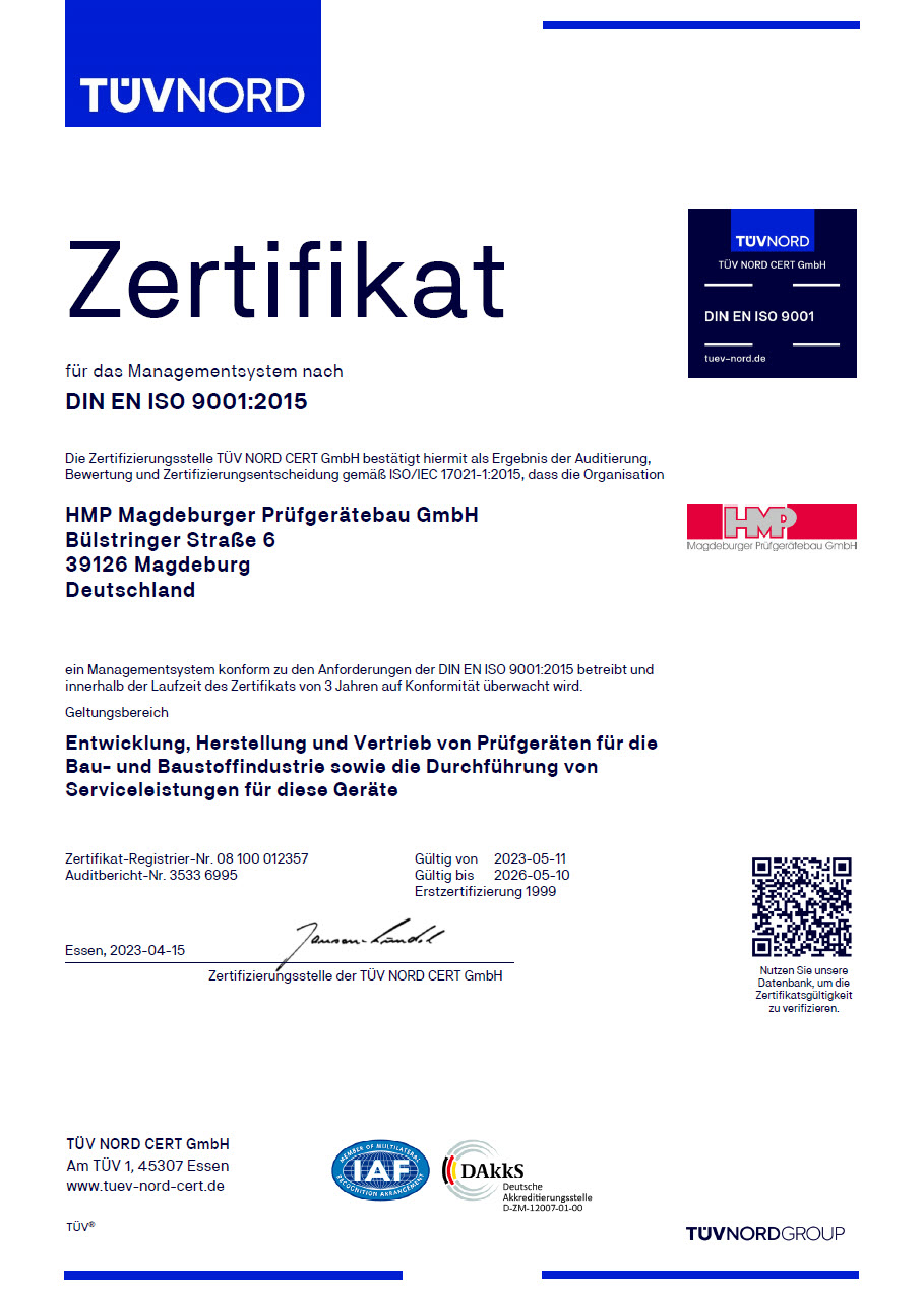 T&Uuml;V Zertifikat DIN EN ISO 9001 2015 HMP Magdeburger Pr&uuml;fger&auml;tebau GmbH 2023-2026