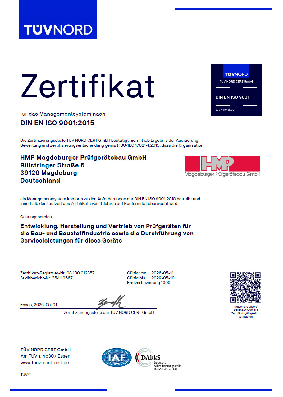 T&Uuml;V Zertifikat DIN EN ISO 9001:2015 HMP Magdeburger Pr&uuml;fger&auml;tebau GmbH 2026-2029