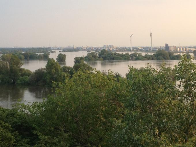 2013-06 HMP GmbH, Hochwasser in Magdeburg, Blick über die Elbe in das Industriegebiet Rothensee