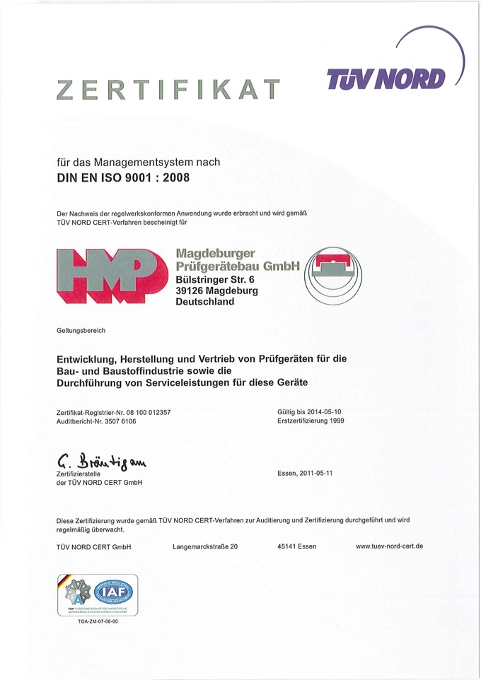 TÜV-Zertifikat DIN EN ISO 9001:2008 für HMP GmbH
